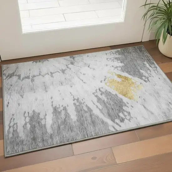 Gray Gold And Ivory Abstract Washable Area Rug With UV Protection Photo 2