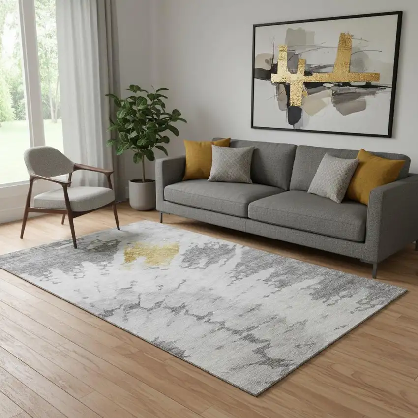 Gray Gold And Ivory Abstract Washable Area Rug With UV Protection Photo 1