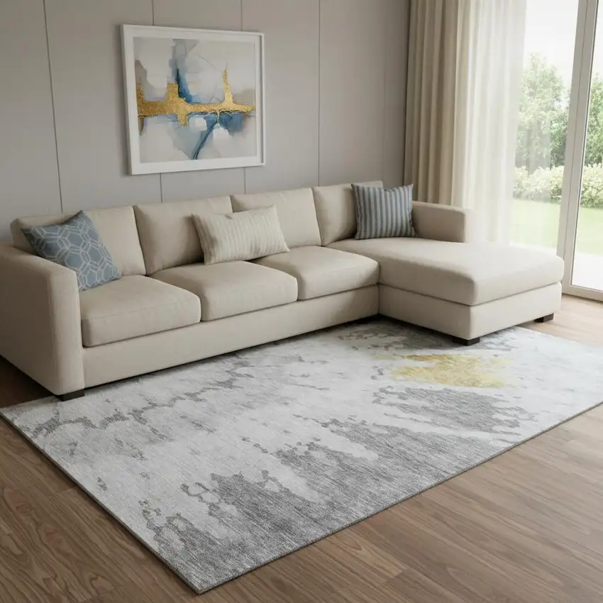 Gray Gold And Ivory Abstract Washable Area Rug With UV Protection Photo 1