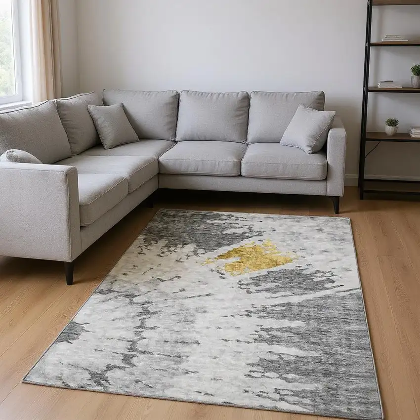 Gray Gold And Ivory Abstract Washable Area Rug With UV Protection Photo 2
