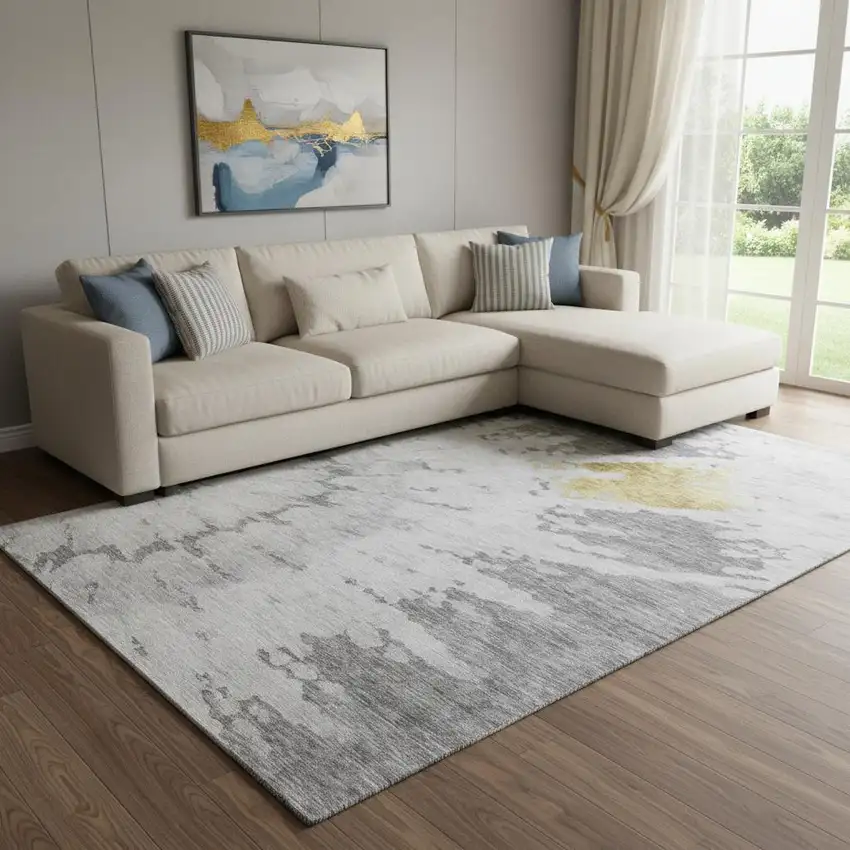 Gray Gold And Ivory Abstract Washable Area Rug With UV Protection Photo 1