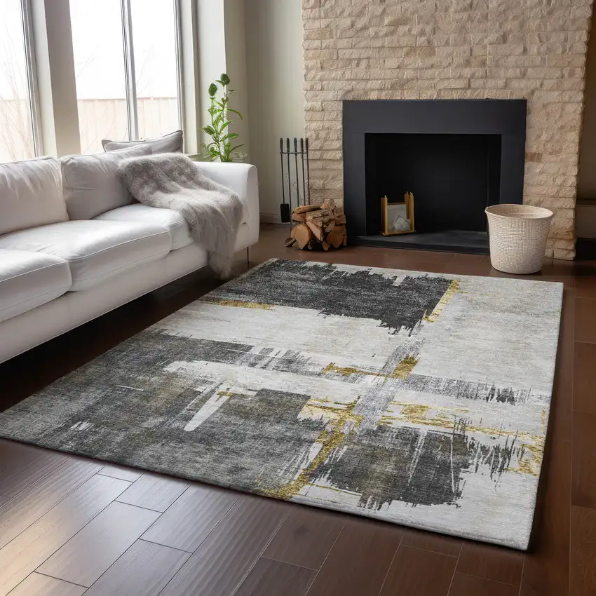 Gray Gold And Ivory Abstract Washable Area Rug With UV Protection Photo 4