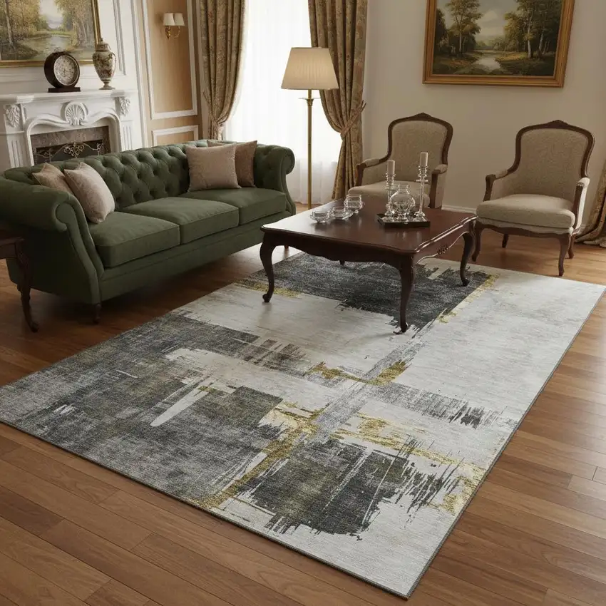 Gray Gold And Ivory Abstract Washable Area Rug With UV Protection Photo 2