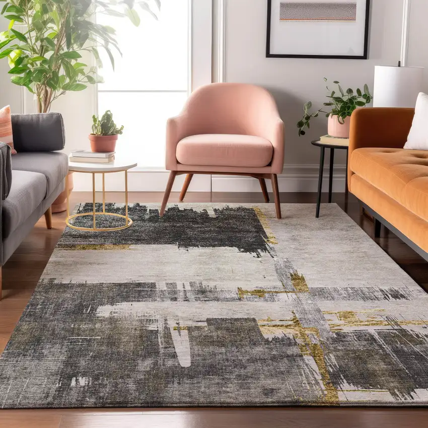 Gray Gold And Ivory Abstract Washable Area Rug With UV Protection Photo 4