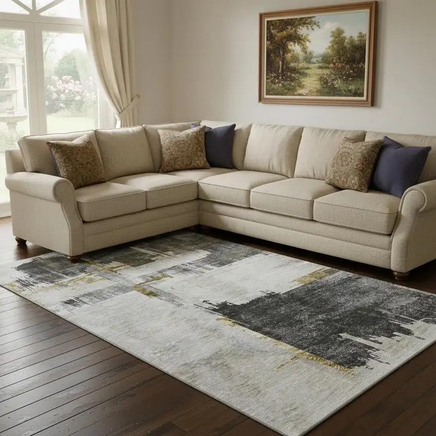 Gray Gold And Ivory Abstract Washable Area Rug With UV Protection Photo 1