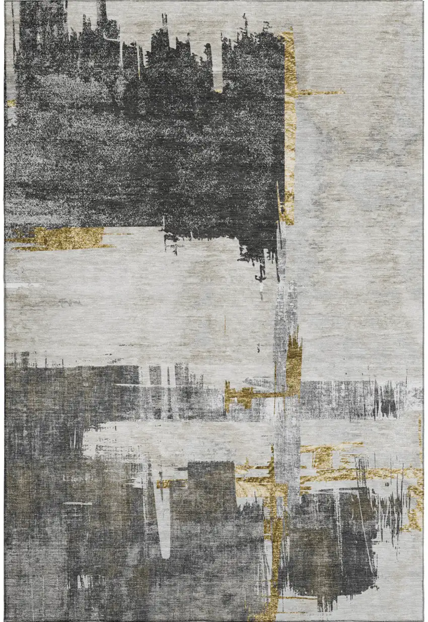 Gray Gold And Ivory Abstract Washable Area Rug With UV Protection Photo 1