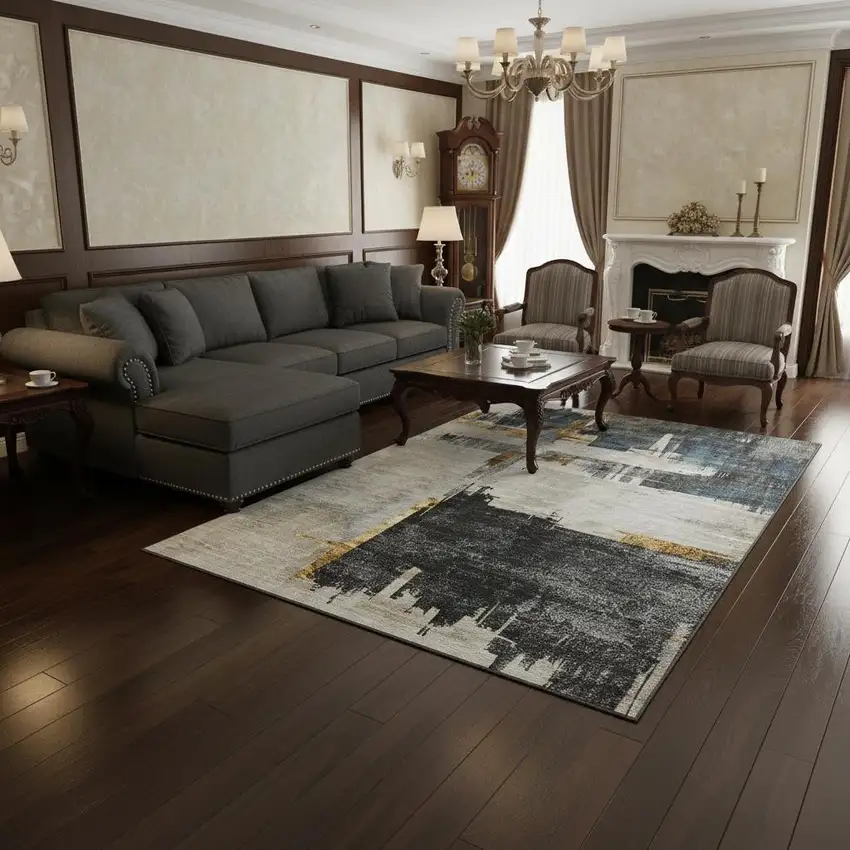 Gray Gold And Ivory Abstract Washable Area Rug With UV Protection Photo 2