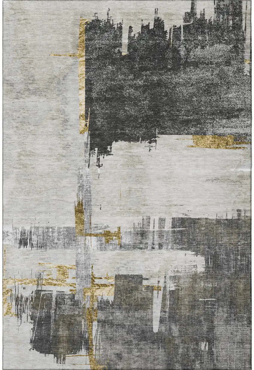 Gray Gold And Ivory Abstract Washable Area Rug With UV Protection Photo 3