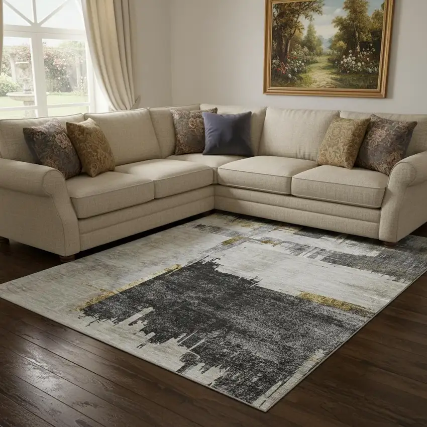 Gray Gold And Ivory Abstract Washable Area Rug With UV Protection Photo 1