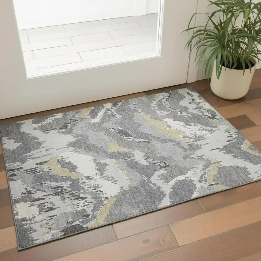 Gray Gold And Ivory Abstract Washable Area Rug With UV Protection Photo 1