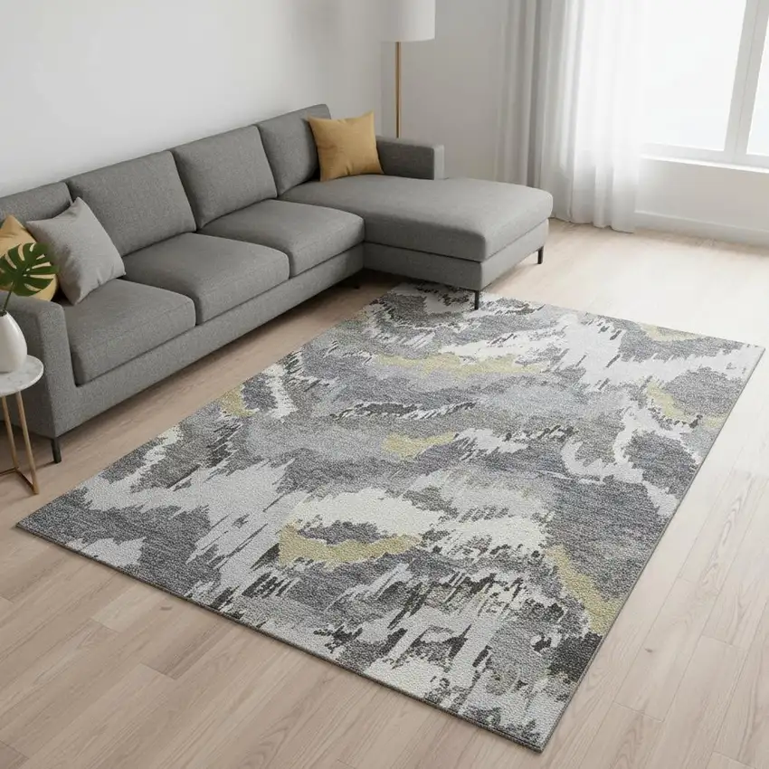 Gray Gold And Ivory Abstract Washable Area Rug With UV Protection Photo 1