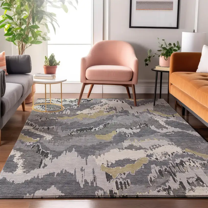 Gray Gold And Ivory Abstract Washable Area Rug With UV Protection Photo 6