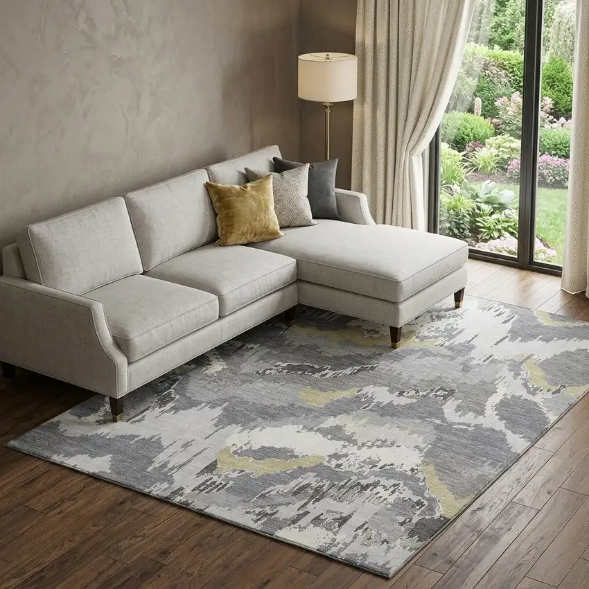 Gray Gold And Ivory Abstract Washable Area Rug With UV Protection Photo 1