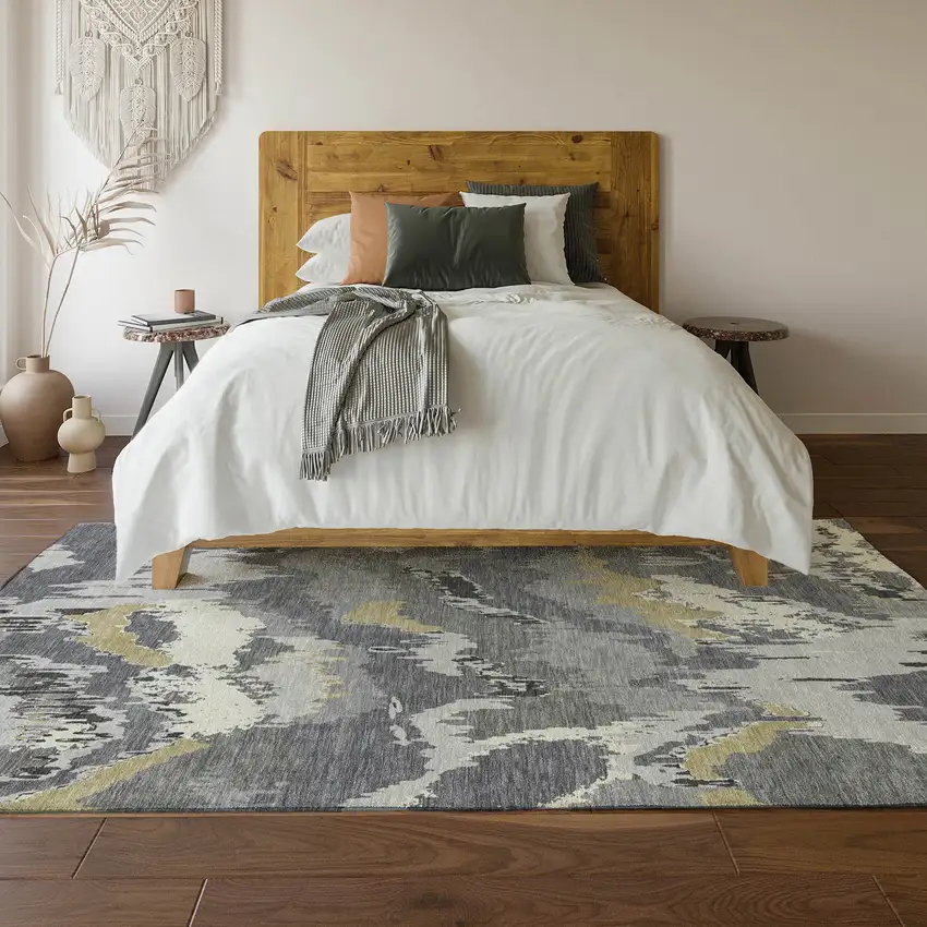 Gray Gold And Ivory Abstract Washable Area Rug With UV Protection Photo 7