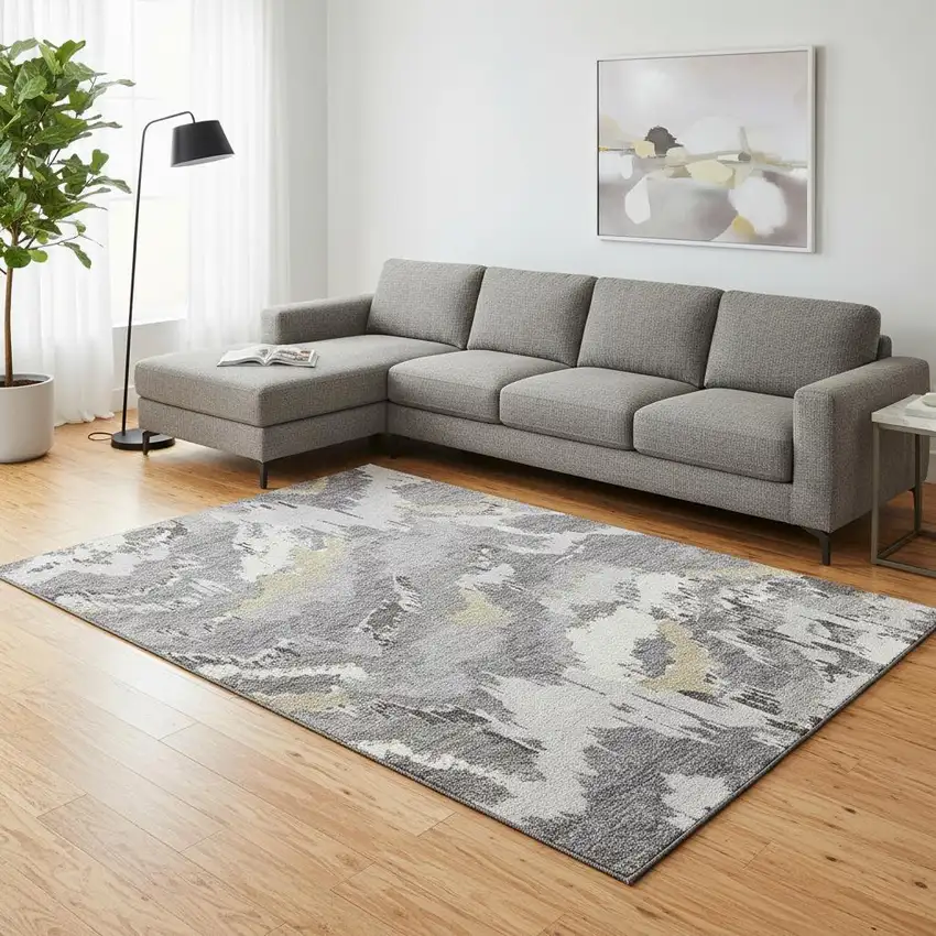 Gray Gold And Ivory Abstract Washable Area Rug With UV Protection Photo 1