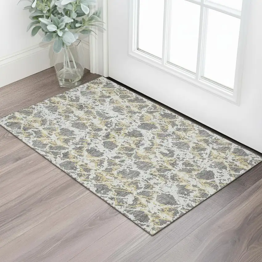 Gray Gold And Ivory Abstract Washable Area Rug With UV Protection Photo 2