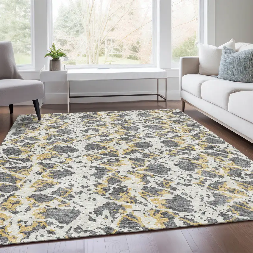 Gray Gold And Ivory Abstract Washable Area Rug With UV Protection Photo 5