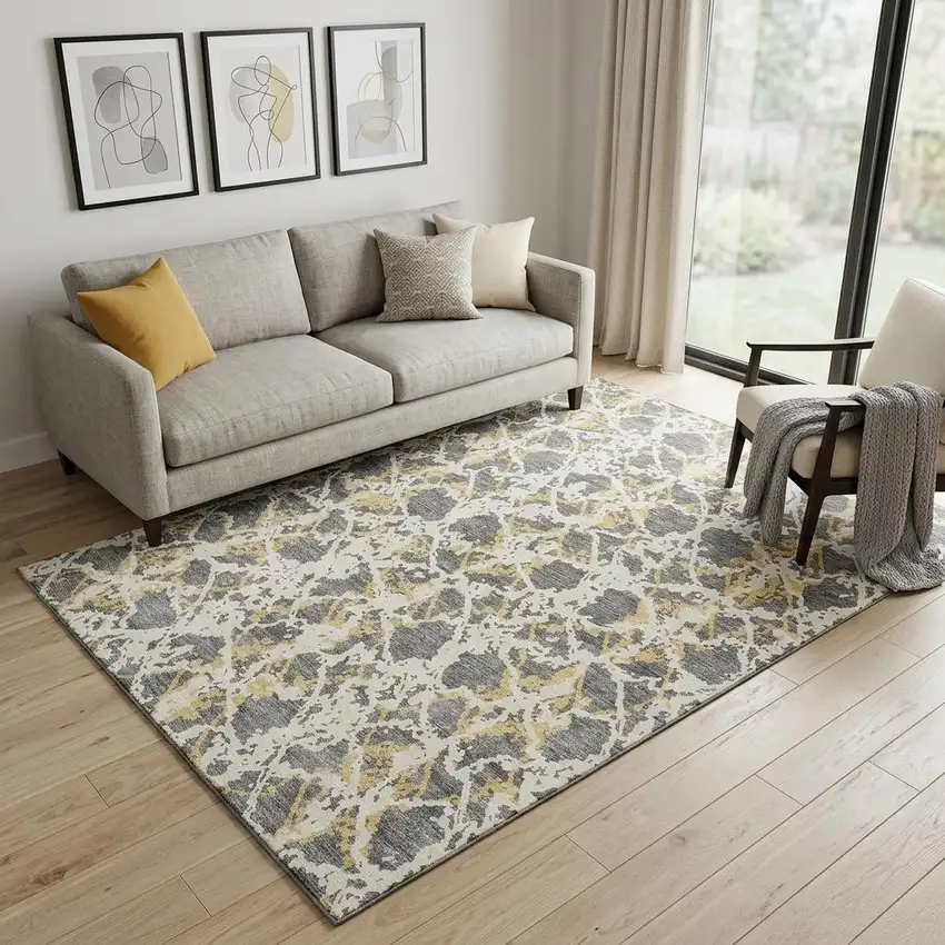 Gray Gold And Ivory Abstract Washable Area Rug With UV Protection Photo 1