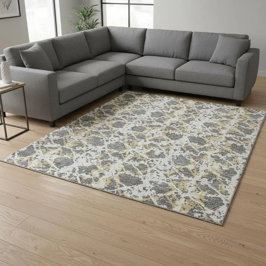 Gray Gold And Ivory Abstract Washable Area Rug With UV Protection Photo 2