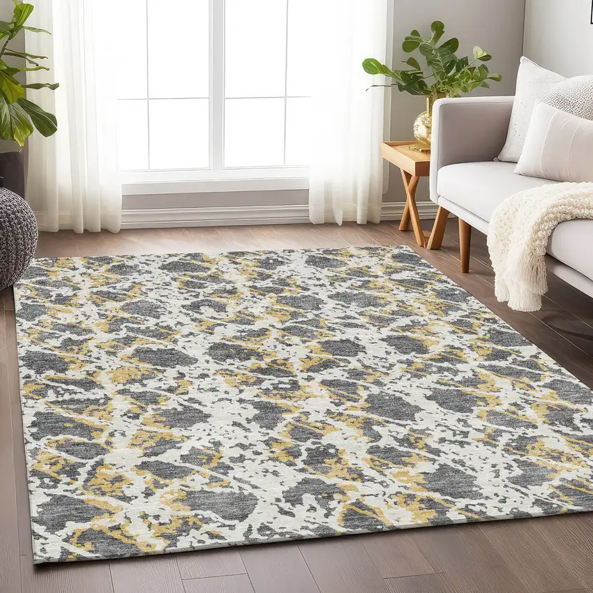 Gray Gold And Ivory Abstract Washable Area Rug With UV Protection Photo 4