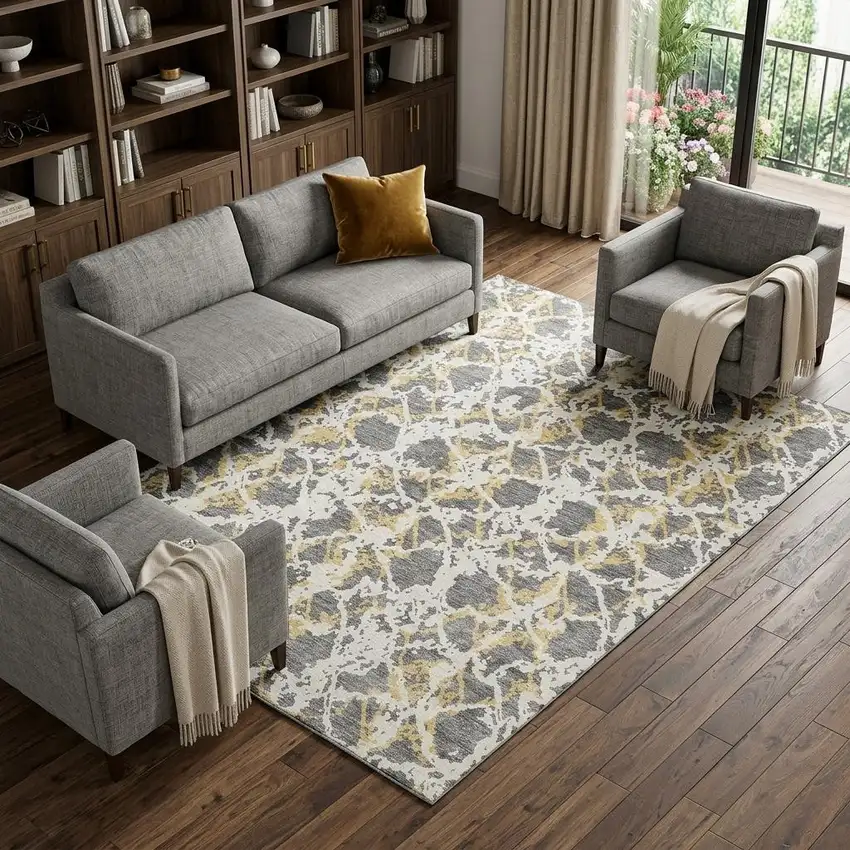Gray Gold And Ivory Abstract Washable Area Rug With UV Protection Photo 1