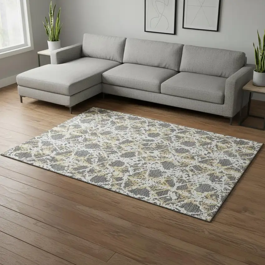 Gray Gold And Ivory Abstract Washable Area Rug With UV Protection Photo 2