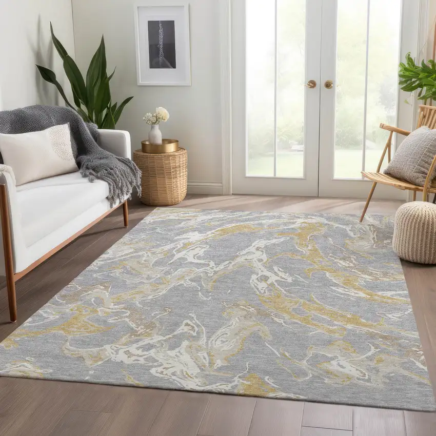 Gray Gold And Ivory Abstract Washable Area Rug With UV Protection Photo 6