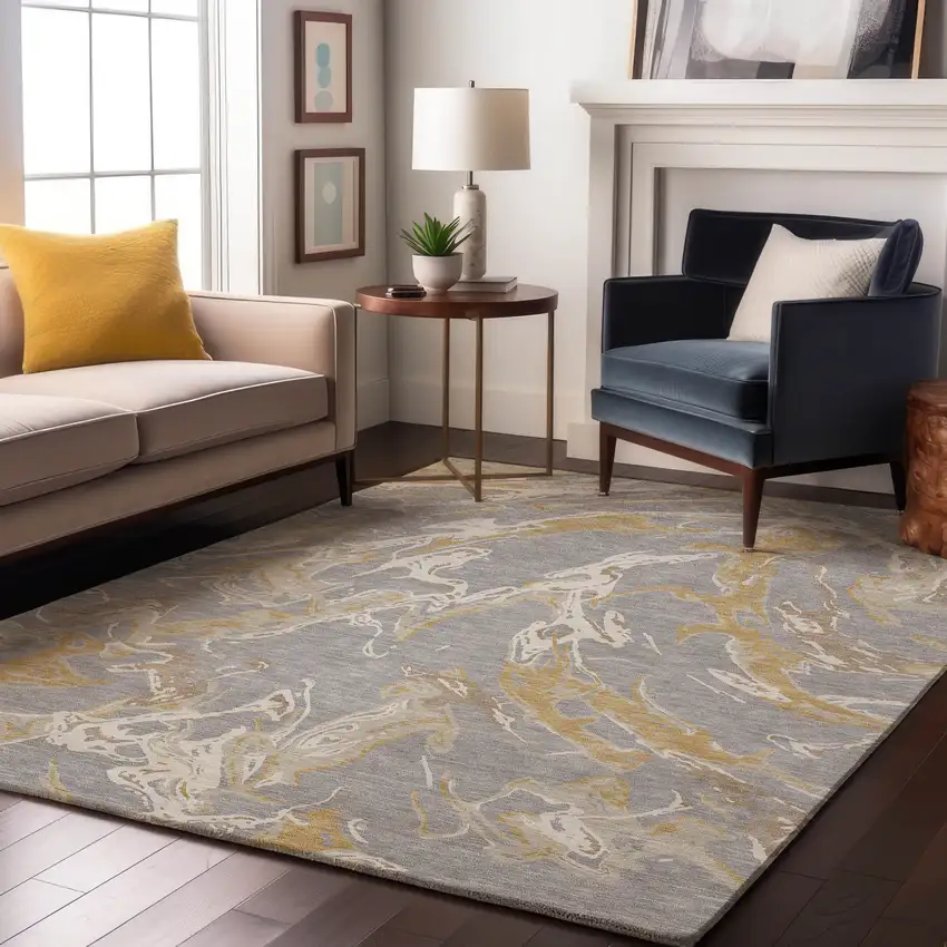 Gray Gold And Ivory Abstract Washable Area Rug With UV Protection Photo 4
