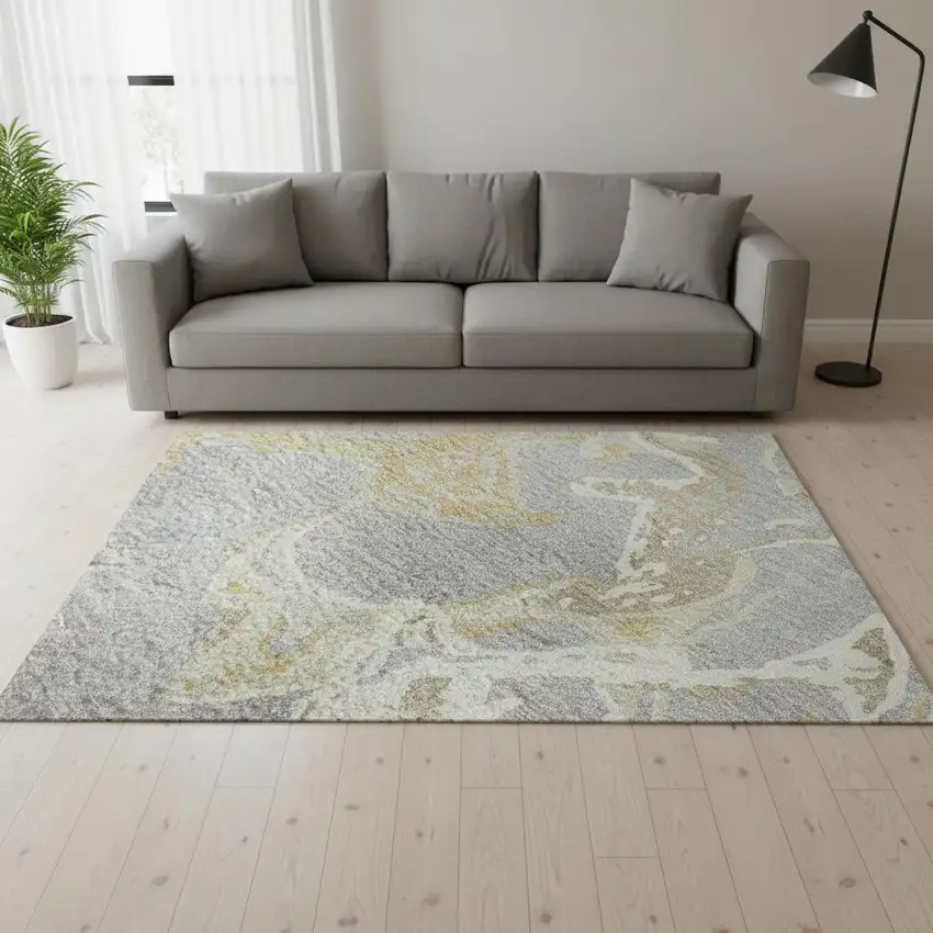 Gray Gold And Ivory Abstract Washable Area Rug With UV Protection Photo 2