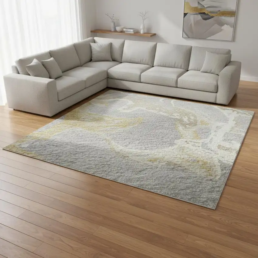 Gray Gold And Ivory Abstract Washable Area Rug With UV Protection Photo 2