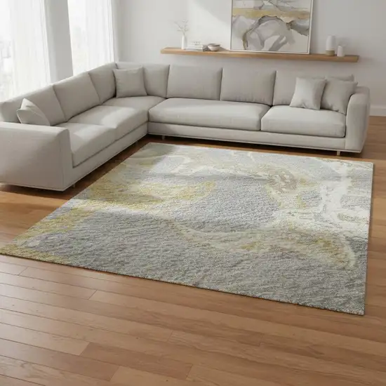 Gray Gold And Ivory Abstract Washable Area Rug With UV Protection Photo 2
