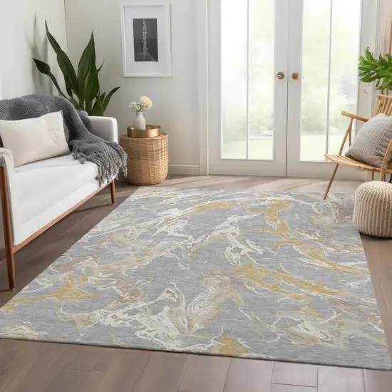 Gray Gold And Ivory Abstract Washable Area Rug With UV Protection Photo 5
