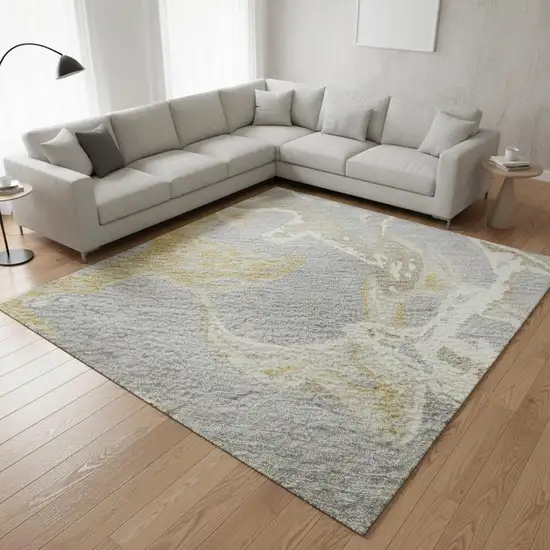 Gray Gold And Ivory Abstract Washable Area Rug With UV Protection Photo 2
