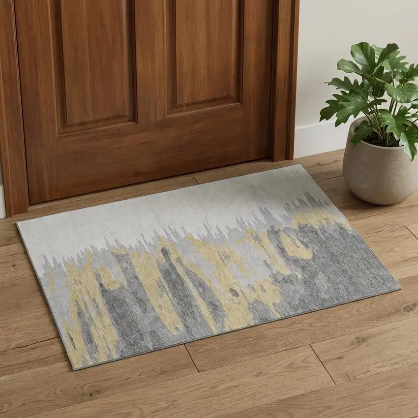 Gray Gold And Ivory Abstract Washable Area Rug With UV Protection Photo 1