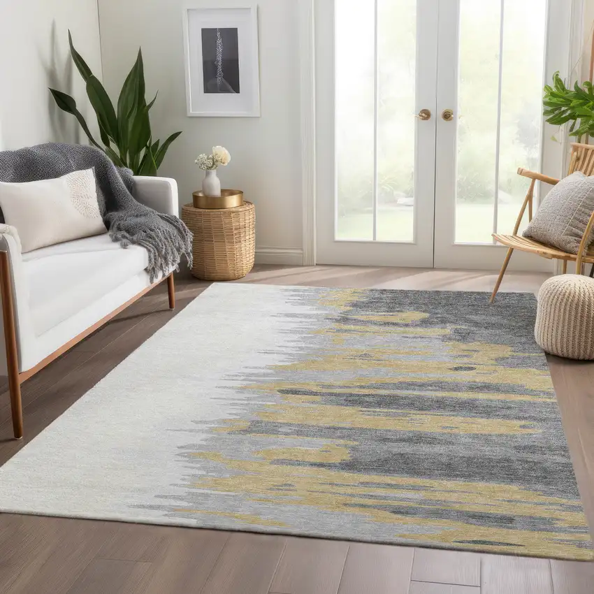 Gray Gold And Ivory Abstract Washable Area Rug With UV Protection Photo 3