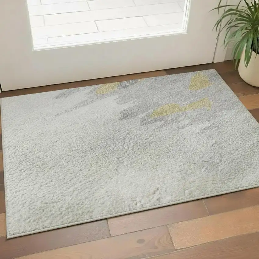 Gray Gold And Ivory Abstract Washable Area Rug With UV Protection Photo 2