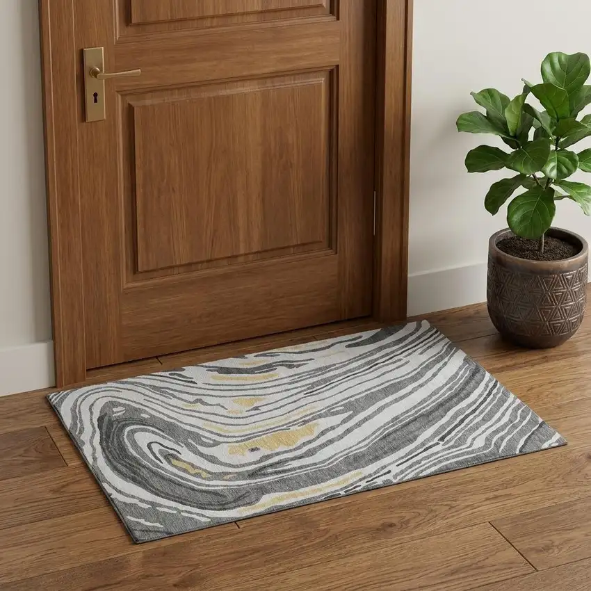 Gray Gold And Ivory Abstract Washable Area Rug With UV Protection Photo 1