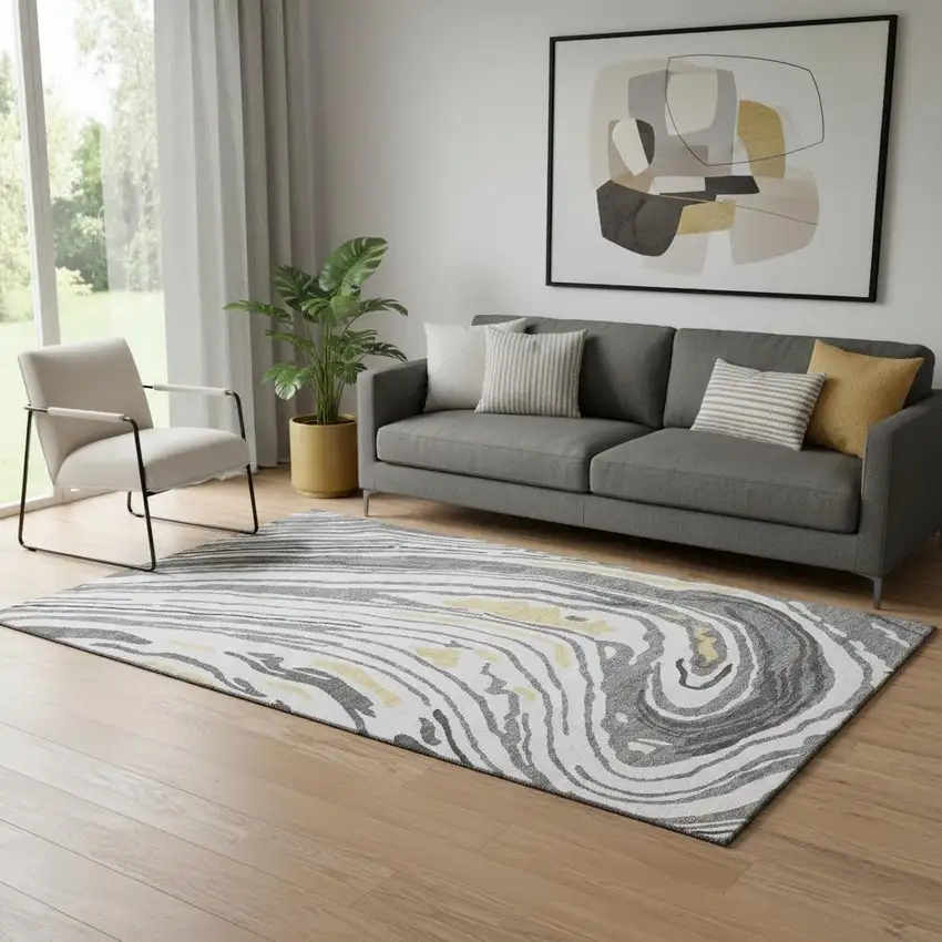 Gray Gold And Ivory Abstract Washable Area Rug With UV Protection Photo 2