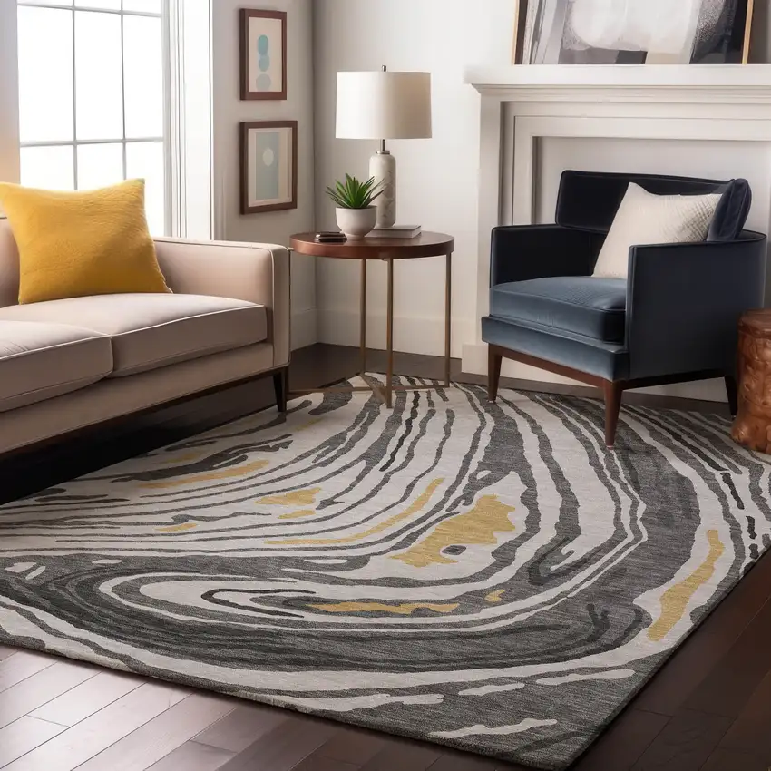 Gray Gold And Ivory Abstract Washable Area Rug With UV Protection Photo 4