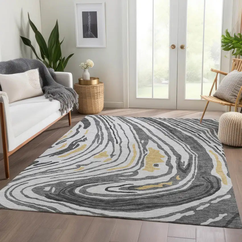 Gray Gold And Ivory Abstract Washable Area Rug With UV Protection Photo 5