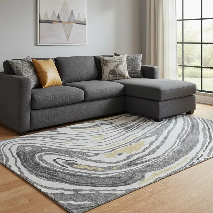 Gray Gold And Ivory Abstract Washable Area Rug With UV Protection Photo 2