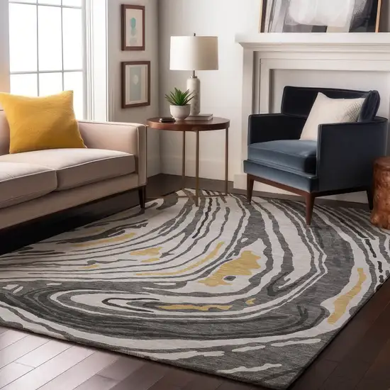 Gray Gold And Ivory Abstract Washable Area Rug With UV Protection Photo 4