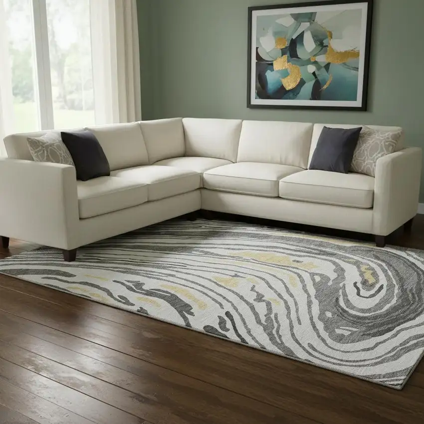 Gray Gold And Ivory Abstract Washable Area Rug With UV Protection Photo 2