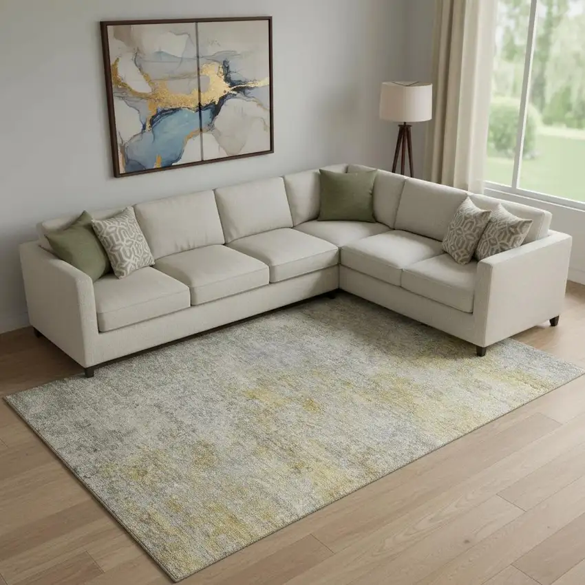 Gray Gold And Ivory Abstract Washable Area Rug With UV Protection Photo 2