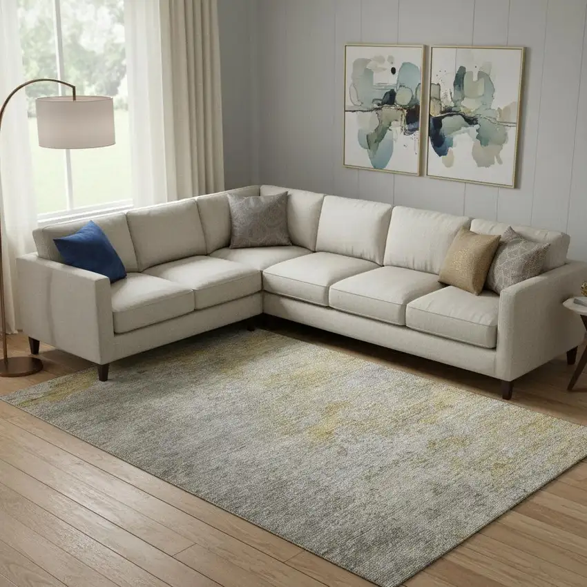 Gray Gold And Ivory Abstract Washable Area Rug With UV Protection Photo 2