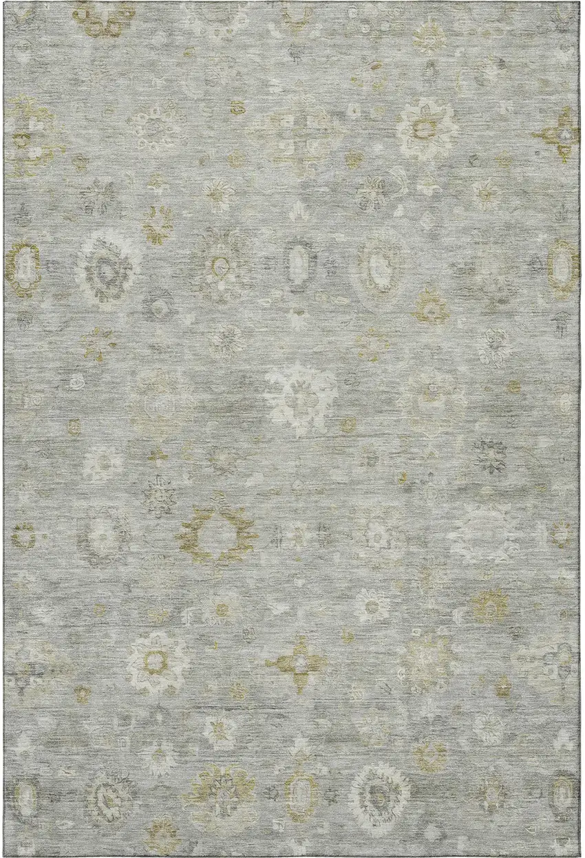 Gray Gold And Ivory Damask Washable Area Rug With UV Protection Photo 3