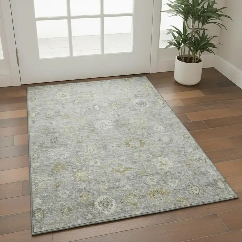 Gray Gold And Ivory Damask Washable Area Rug With UV Protection Photo 2