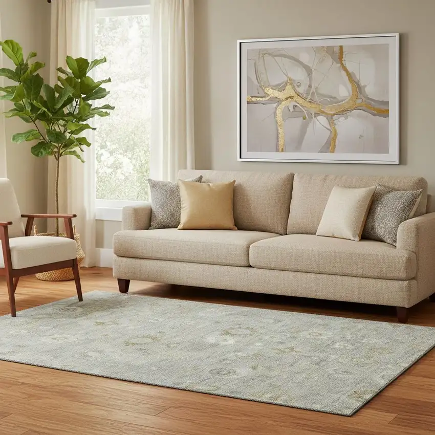 Gray Gold And Ivory Damask Washable Area Rug With UV Protection Photo 2