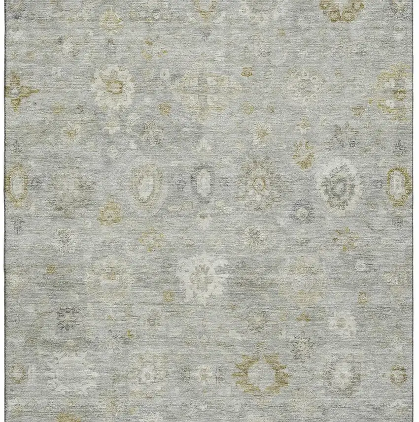 Gray Gold And Ivory Damask Washable Area Rug With UV Protection Photo 3