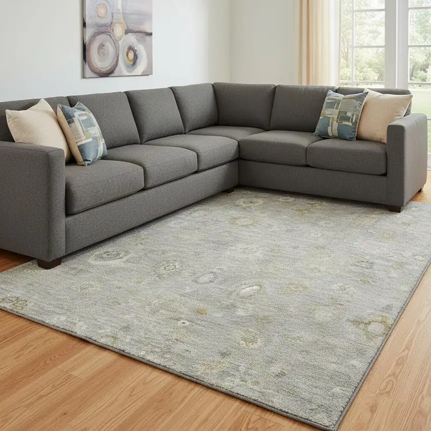 Gray Gold And Ivory Damask Washable Area Rug With UV Protection Photo 2